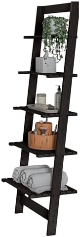 5-Tier Ladder Shelf - 50-Inch Narrow Leaning Bookshelf - Wooden Bookcase for Living Room, Bathroom, Kitchen, Office, or Bedroom Furniture by Lavish Home (Black) - Image 5