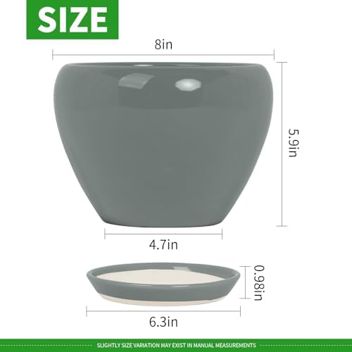 Deep Dream 8 Inch Plant Pots- Ceramic Pots for Plants with Drainage Hole and Saucer, Large Planter Pot for Indoor Plants Outdoor Decor, Grey - Image 3