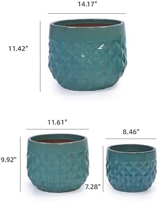 Modern Geometric Ceramic Planter Set of 3 for Indoor Outdoor Use, Diamond Textured Decorative Plant Pots with Drainage Hole for Garden Patio Windowsill Balcony Desk Shelf Home Décor Display (Blue) - Image 2