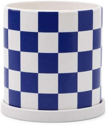Checkered Ceramic Planter Pot with Drainage Hole and Saucer, Black and White Planters Decor,Indoor Cylinder Round Planter Pot (Blue, Medium) by ASLASL