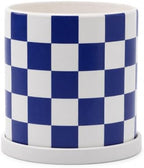 Checkered Ceramic Planter Pot with Drainage Hole and Saucer, Black and White Planters Decor,Indoor Cylinder Round Planter Pot (Blue, Medium) by ASLASL