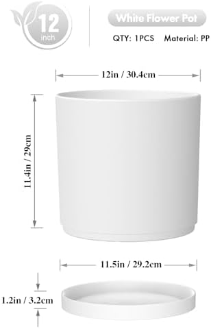 WSMKSZ 12 Inch Large Deep Flower Pots for Outdoor Indoor Plants, Cylinder Tall Plant Pots with Drainage Holes and Saucer, Big Decorative Plastic Planter Pots for Garden House Plants, White - Image 2