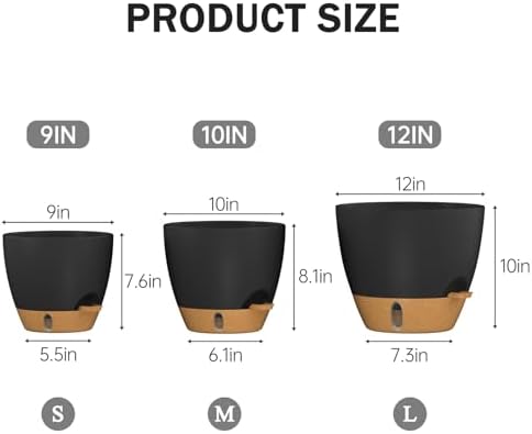 12/10/9 Inch Self Watering Pots for Indoor Outdoor Plants, Set of 3 Large Plastic Planters with Visual Water Window, Drainage Holes & Watering Lip, Modern Decorative Flower Pots (Black) - Image 2