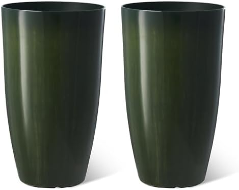 Glitzhome 23.5" H Large Tall Planter for Outdoor Plants,Set of 2 Plastic Tall Planters with Drainage Holes,Round Tapered Faux Ceramic Gradient Green Flower Tree Pots for Porch Patio Indoor Outdoor by Glitzhome