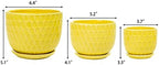 Yellow Ceramic Flower Pots with Saucers, Modern Round Ceramic Succulent Plant Pots with Honeycomb Inspired Texture Design, Small to Medium Sized, Set of 3 - Image 7