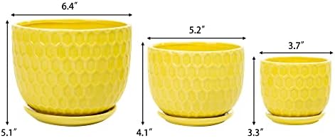 Yellow Ceramic Flower Pots with Saucers, Modern Round Ceramic Succulent Plant Pots with Honeycomb Inspired Texture Design, Small to Medium Sized, Set of 3 - Image 7