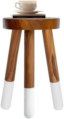 Teak Wood 9" Round Plant Stand |Dip Dyed Plant Stand |Accent Stool |Milking Stool |Bath Stool |Small Side Table (16" Tall White) by JOLLYMER