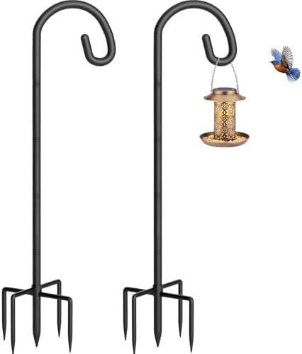 Shepherds Hook for Bird Feeder, 92" Heavy Duty Bird Feeder Pole with 5-Prong Base, Extra Thick Metal Shepherd Hook for Outdoor Hanging Plant Basket, Hummingbird Feeder, Solar Lantern, Black, 2 Pack by Gientan