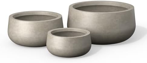 Kante Set of 3 Weathered Concrete Bowl Round Planters for Modern Home by Unknown