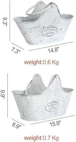 Distressed White Galvanized Metal Flower Planter Set of 2, Rustic Farmhouse Pot with Handle, Multi Use Tub for Garden Harvest Fruit Vegetables, Floral Craft Tool Organizer Indoor Patio Yard Decor - Image 6