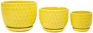 Yellow Ceramic Flower Pots with Saucers, Modern Round Ceramic Succulent Plant Pots with Honeycomb Inspired Texture Design, Small to Medium Sized, Set of 3 - Image 5