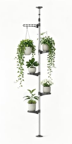 BAOYOUNI Plant Stand 5-Tier Tension Rod Pole Flower Holder Rack ，Grey by BAOYOUNI