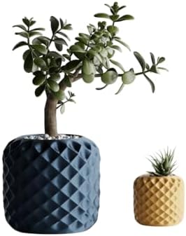 Geometric Textured Planter Pots, Diamond Pattern, Navy Blue and Yellow, Set of 2, Modern Home Decor by Unknown