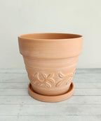 8" Embossed Whitewashed Terracotta Planter with Drainage Hole & Saucer, Rustic Style Unglazed Terracotta Pot for Indoor & Outdoors Plants - Image 4