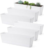 GREANER Long Window Boxes Planters, 6 Pack 16x3.8 Inch Vegetable Box Pot with Tray, Indoor Succulent Cactus Flowers Plastic Rectangle Pot for Balcony, Office, Garden, Outdoor, Windowsill - White by GREANER