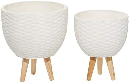 Deco 79 Ceramic Geometric Indoor Outdoor Planter Diamond Patterned Large Planter Pot with Wood Tripod Legs, Set of 2 Planters 16", 14"H, White - Image 3