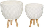 Deco 79 Ceramic Geometric Indoor Outdoor Planter Diamond Patterned Large Planter Pot with Wood Tripod Legs, Set of 2 Planters 16", 14"H, White - Image 3