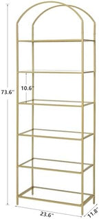 Homhedy 6-Tier Tall Gold Bookshelf, Arched Bookcase with Glass Shelves - Image 2