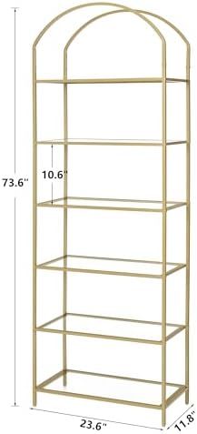 Homhedy 6-Tier Tall Gold Bookshelf, Arched Bookcase with Glass Shelves - Image 2