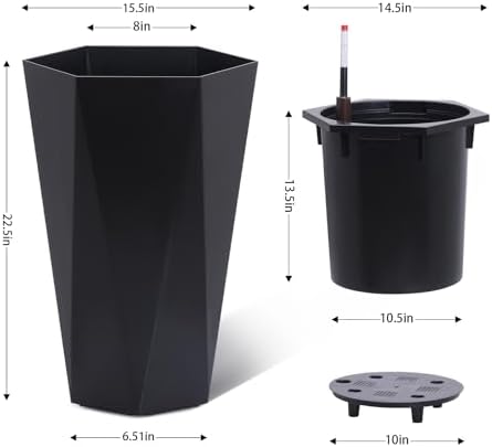 GarveeLife 22.5 in Tall Diamond Planters Set of 2, Self Watering Planters with Water Level Monitor and Wheels, Flower Pots Outdoor and Indoor for Patio, Porch, Living Room, Home Office, Black - Image 4