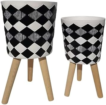 Resin Planter Stands Set – Plant Stand for Living Room or Patio Display for Greenery and Home Decor Styling, Geometric Mid-Century Design for Modern Outdoor Decor – 12" & 10", Black and White by NESSANDJORD