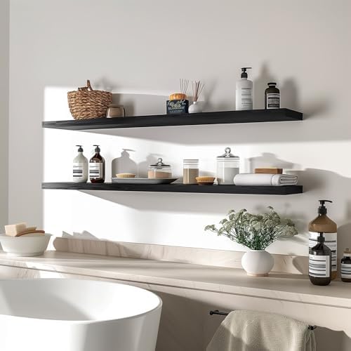 YYWUOJJ Wood Floating Shelves for Wall Decor, Rustic Wall Shelves for Bedroom Bathroom Kitchen Living Room, Set of 4 Black 48 Inch - Image 2