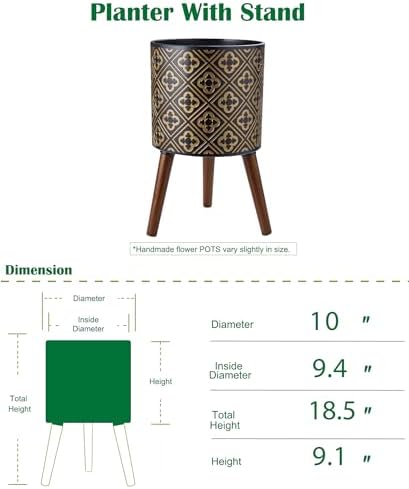 10 Inch Plant Pot with Stand, Planter for Indoor Plants, Modern Large Flower Planter Pot with Drainage Holes for Outdoor, Black ＆ Gold - Image 3