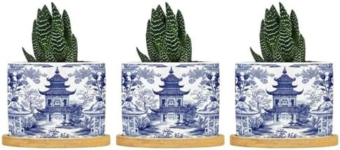 Chinoiserie Blue Asian Ceramic Planters Chinoiserie Chic Asian Snake Plant Live Indoor with Pot with Drainage Holes and Saucers Pot for Home Desktop Office Windowsill by BRUYU5SE