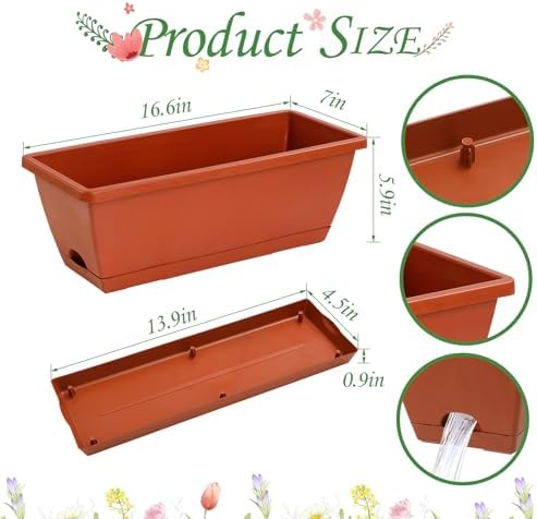 12Pcs 17Inches Rectangle Planter Box with Drainage Holes and Trays - Image 2