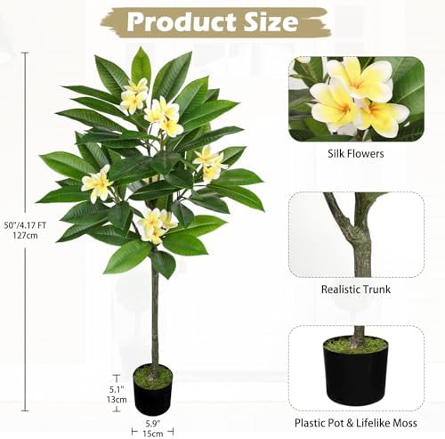 Briful Artificial Plants Indoor 4.17ft Fake Tropical Plumeria Flowers Tree in Black Pot Hawaiian Yellow Plumeria Faux Frangipani Tree Potted Floor Plant for Home Office Wedding Decor - Image 3