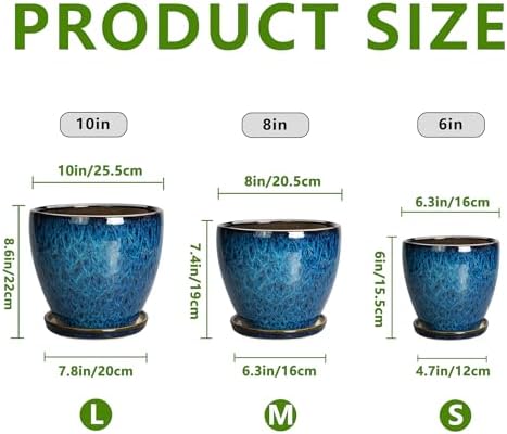 Plant Pots Indoor, Ceramic Planters Pots with Drainage Holes and Saucers, 10+8+6 Inch, Set of 3, Round Large Flower Pots for Indoor Outdoor Plants, Blue - Image 3