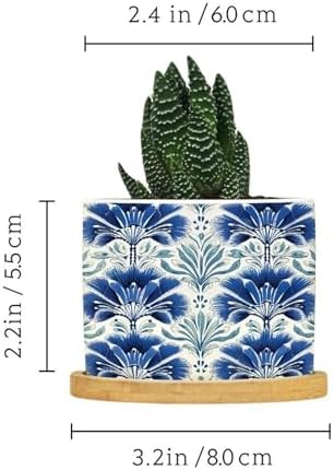 Chinoiserie French Cairo Planter Ceramic Blue and White Floral Round Plant Pots with Drainage Holes and Bamboo Tray Pot for Pots Outdoor Indoor Plants - Image 2