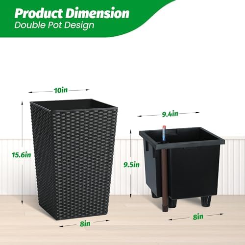 GarveeLife 16 Inch Tall Rattan Planter Set of 2, Large Self-Watering Pot with Water Level Monitor Outdoor and Indoor for Patio, Porch, Living Room, or Home Office, Black - Image 5