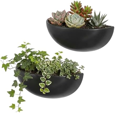 MyGift Matte Black Ceramic Indoor Wall Planter, 12 Inch Semi Circle Hanging Wall Vase, Set of 2 by MyGiftHome