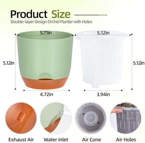 QCQHDU 5.7Inch Orchid Pots with Holes for Repotting, Double-Layer Plastic Self Watering Flower Pots for Indoor Plants with Drainage Holes, Clear Orchid Pot Match Decorative Orchid Container, 3 Packs - Image 2