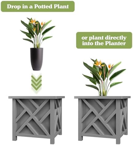 Lattice Design Outdoor Planter Box 2-Pack - 15.5” Square 16.5” Tall Gray Decorative Plant Pots for Front Porch Decor - Flower Pots Outdoor Planters for Porch Patio or Garden Decor by Pure Garden - Image 4