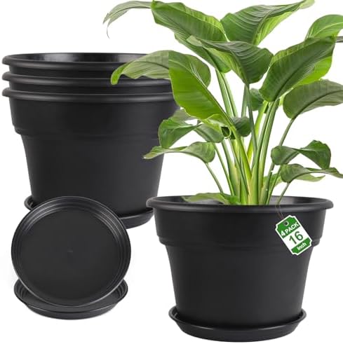 Myfeegoin 16-inch-Plant-Pots, 4 Pack Large Planters for Outdoor Plants, Plastic Flower Pots Indoor with Drainage Holes & Trays, Classic Garden Pot Container for House by Myfeegoin
