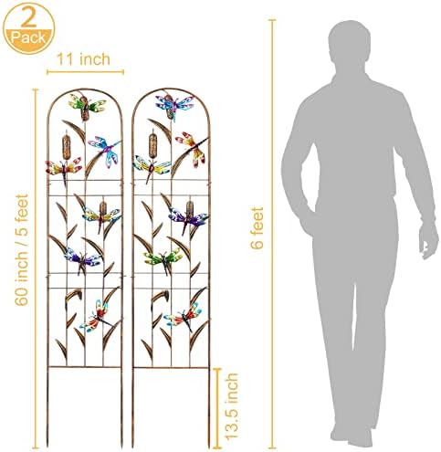 LEWIS&WAYNE 2 Pack Metal Garden Trellis with Colorful Dragonfly 60 Inch High Outdoor Decoration Arched Fence Trellis for Climbing Plants for Patio, Lawn, Yard, Backyard, Wall Brackets - Image 2