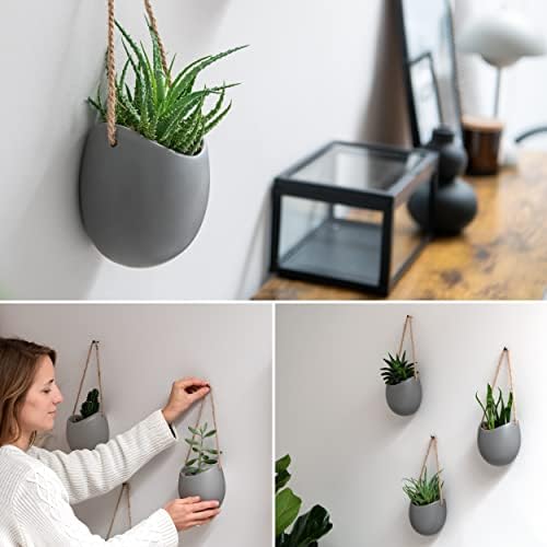 Kazai. Wall Planters -Ellie- | Hanging Ceramic Plant Pots 3 Pieces | Wall Decoration for Indoors, Balcony and Garden | Gray (Matte) - Image 3