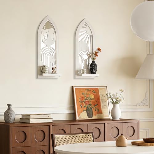 ZEXUIRU 2 Set Rustic Candle Sconces Living Room Bedroom Entryway Wood Mirrored, Farmhouse, Carved Frame Wall-Mount Wooden Candle Holders Wall Decor Hanging Handmade Holder - Distressed White - Image 2