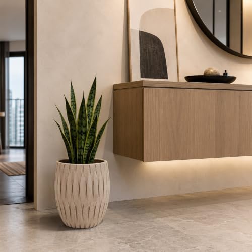 12" H x 9" Dia Beige Fiberstone Planter Pot with Drainage Hole, Decorative Flower Pot for Houseplants, Succulents & Small Trees, Indoor Outdoor Home Décor, Patio, Porch & Garden, Handmade Finish - Image 2