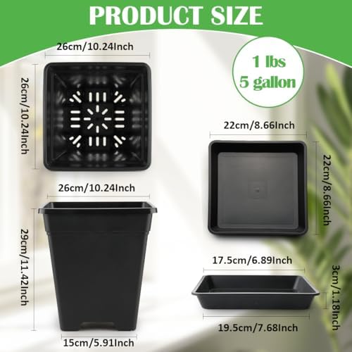 BTPLASTIK Plant Pots 10 Inch Set of 5, Large Square Plastic Planter with Drainage & Saucer, 5 Gallon Thick Outdoor Garden Pots Container for Outdoor Indoor, Flower Pots Planters - Image 4