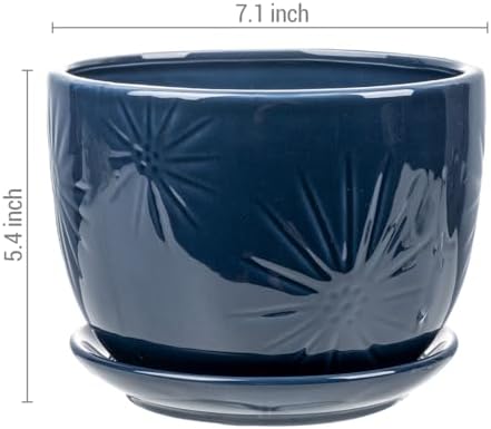 MyGift 7 Inch Round Blue Ceramic Plant Pot with Drainage Hole and Attached Saucer, Modern Decorative Embossed Sunburst Planter Container for Indoor Home Garden - Image 5