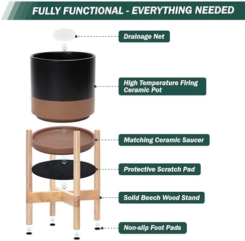 D'vine Dev Ceramic Pot with Natural Wood Stand, Black/Tan, 8 in, 55-B-N-7 - Image 5