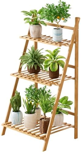 YOXIER Flower Cart, 3-Tier Bamboo Plant Shelf, Outdoor Plant Stand for Multiple Plants Potted Ladder Plants Holder Table Pot Stand for Window Garden Balcony Living Room Wooden by YOXIER
