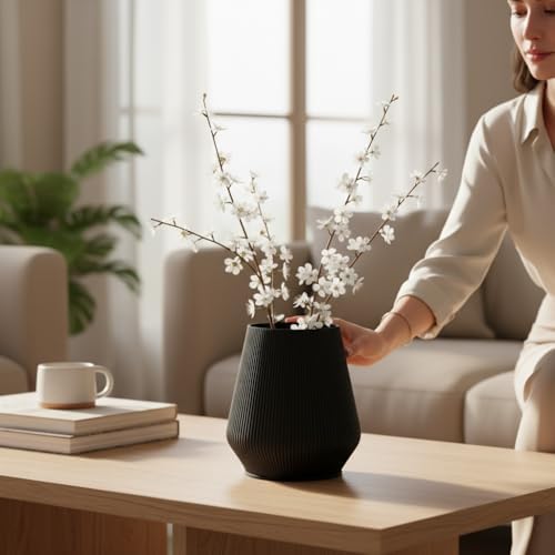 7" Modern Ribbed Planter - Plant-Based Sustainable Vase - Non-Toxic Indoor Pot for Live Plants with Soil or Dried Flowers, Minimalist Decor for Home & Office.(Noir) by RivonCreations