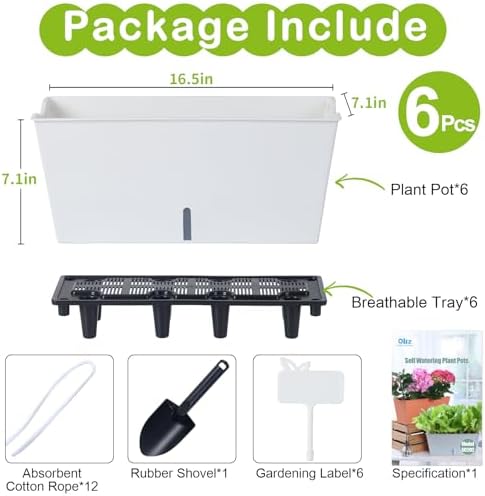Window Box Planter 6 Pcs, 16.5 Inches Self Watering Rectangle Flower Plant Pots with Drainage Holes Trays, Vegetable Planters for Windowsill Patio Garden Balcony Porch Yard (White) - Image 5