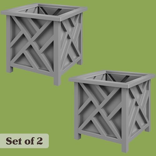 Lattice Design Outdoor Planter Box 2-Pack - 15.5” Square 16.5” Tall Gray Decorative Plant Pots for Front Porch Decor - Flower Pots Outdoor Planters for Porch Patio or Garden Decor by Pure Garden - Image 2