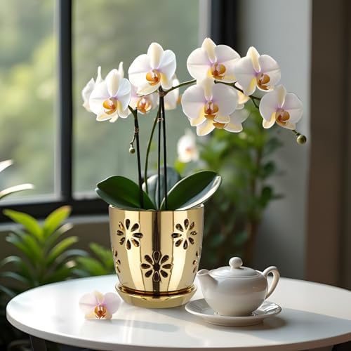 Oairse 6 inch Orchid Pots with Holes, Gold Ceramic Orchid Pot for Repotting Small Indoor Plant Pots with Drainage Holes and Saucers Decorative Flower Planter for Orchids, Indoor Plant - Image 6