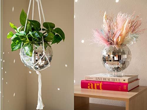 Disco Ball Planter 8" with Acrylic Base and Cotton Macrame Plant Hanger - for Home Décor, Room Décor, Boho Décor, Disco Decor - Image 2
